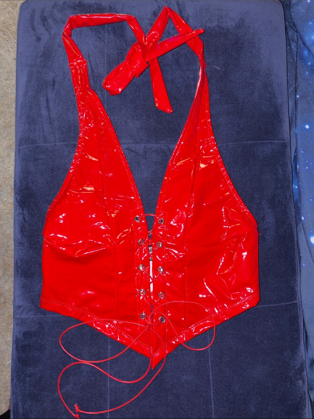 Red Patent Lace-Up Halter Top
